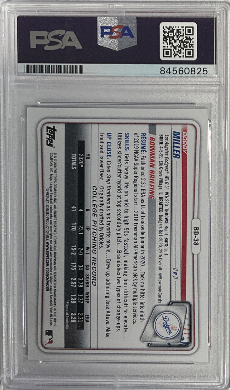 BOBBY MILLER DODGERS SIGNED 1ST BOWMAN BLUE 77/150 PSA 84560825 GEM MT 10 AUTO