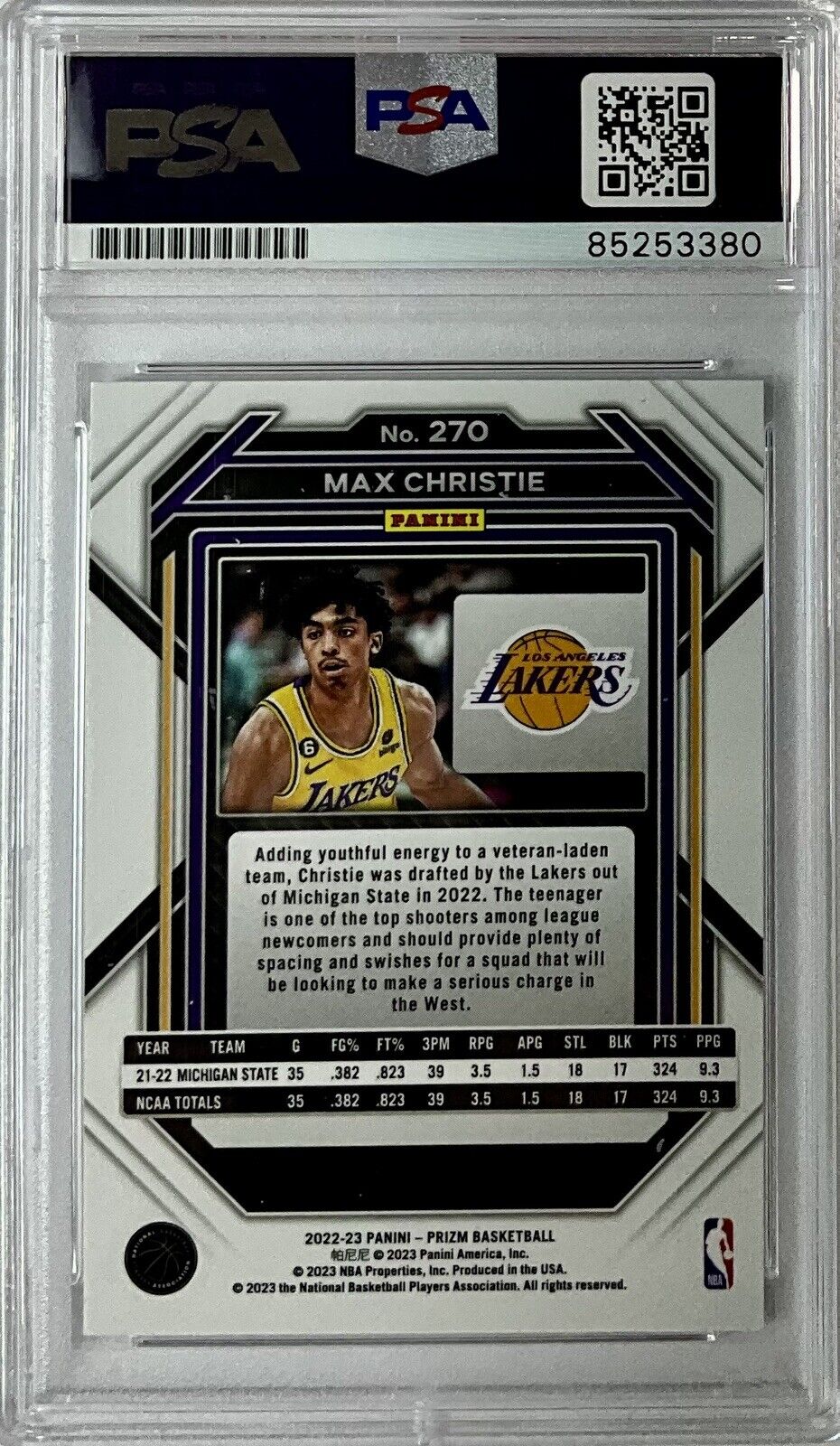 MAX CHRISTIE SIGNED LAKERS PANINI PRIZM #270 ROOKIE RC PSA SLABBED ITP 85253380