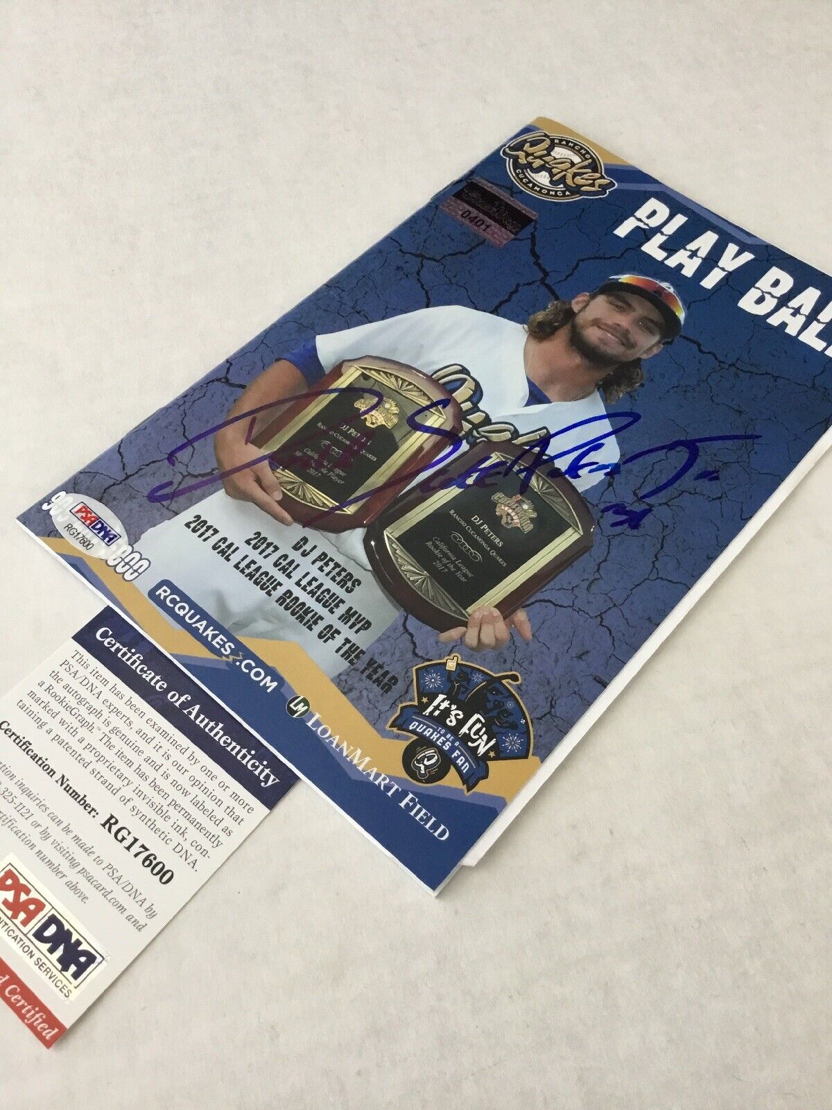 DJ PETERS DODGERS PROSPECT RARE FULL NAME SIGNED QUAKES PLAY BILL MAGAZINE PSA