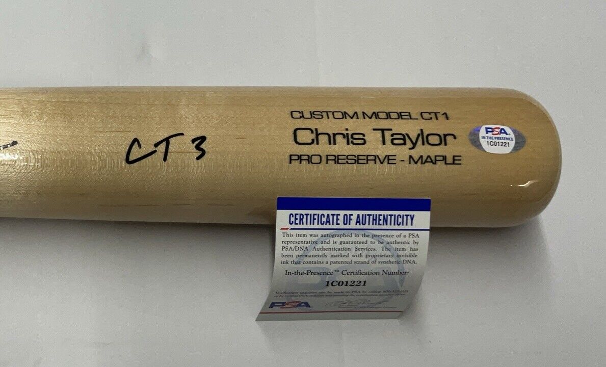 CHRIS TAYLOR DODGERS SIGNED VICTUS MODEL BLONDE BAT "CT3" INSCRIPT PSA 1C01221