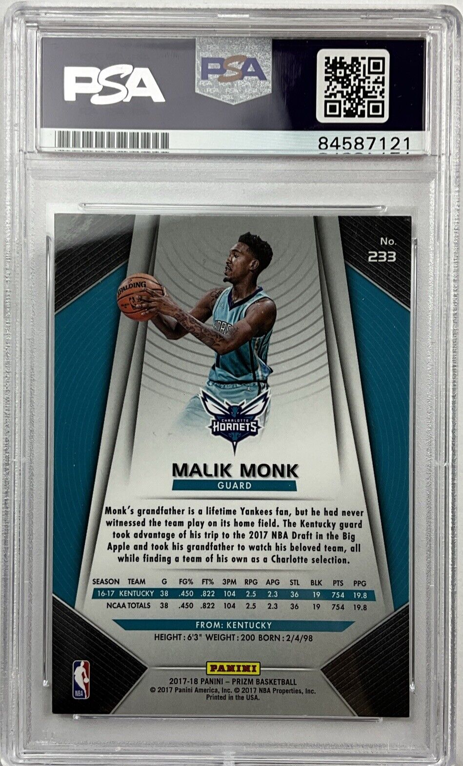 MALIK MONK SIGNED HORNETS PANINI PRIZM 233 RC PSA SLABBED 84587121 GM MT 10 AUT0