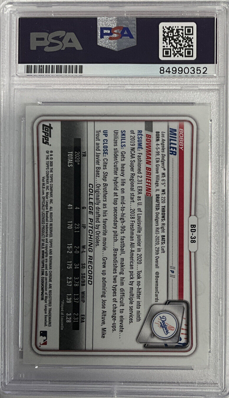 BOBBY MILLER DODGERS SIGNED 1ST BOWMAN CHROME PSA SLAB ROOKIEGRAPH ITP 84990352