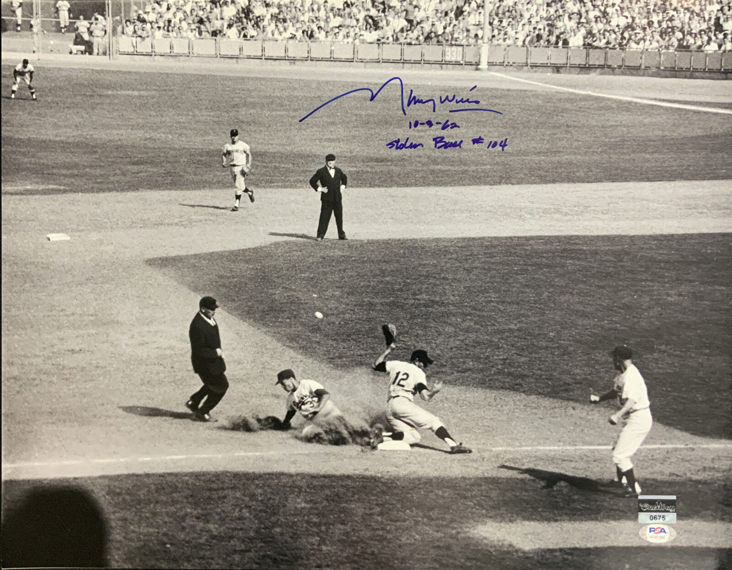 DODGERS MAURY WILLS SIGNED 16X20 PHOTO "10-3-62 STOLEN BASE #104" PSA COA