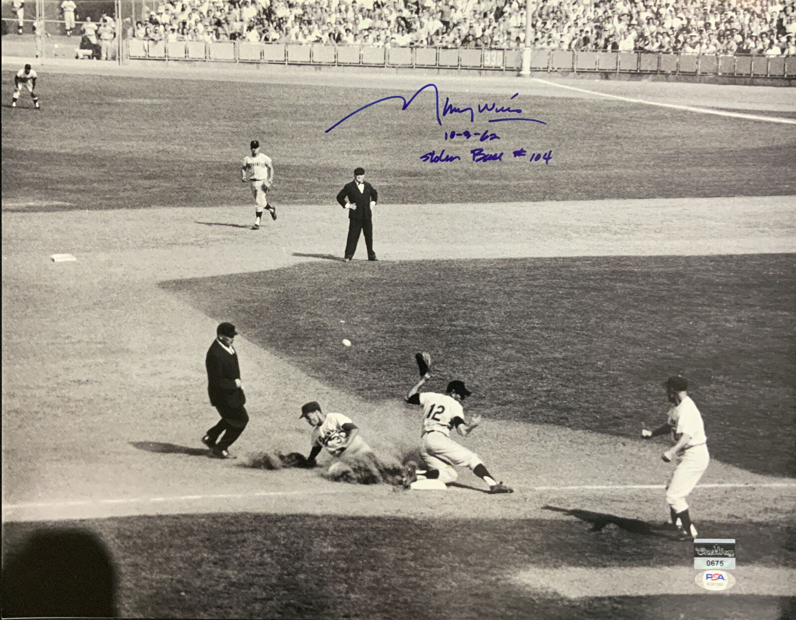 DODGERS MAURY WILLS SIGNED 16X20 PHOTO "10-3-62 STOLEN BASE #104" PSA COA