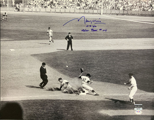 DODGERS MAURY WILLS SIGNED 16X20 PHOTO "10-3-62 STOLEN BASE #104" PSA COA