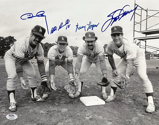 DODGERS 1981 INFIELD SIGNED 11X14 BLK/WHT PHOTO RUSSELL GARVEY CEY LOPES JSA