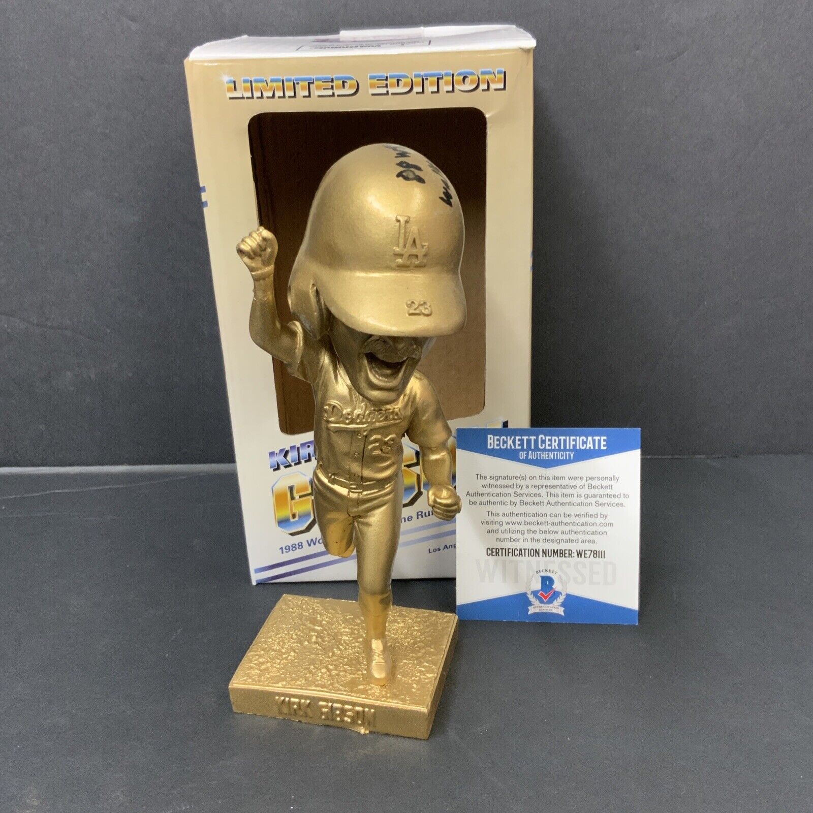 DODGERS KIRK GIBSON SIGNED LE GOLD BOBBLEHEAD "88 WS WALKOFF HR" INS BAS WE78111