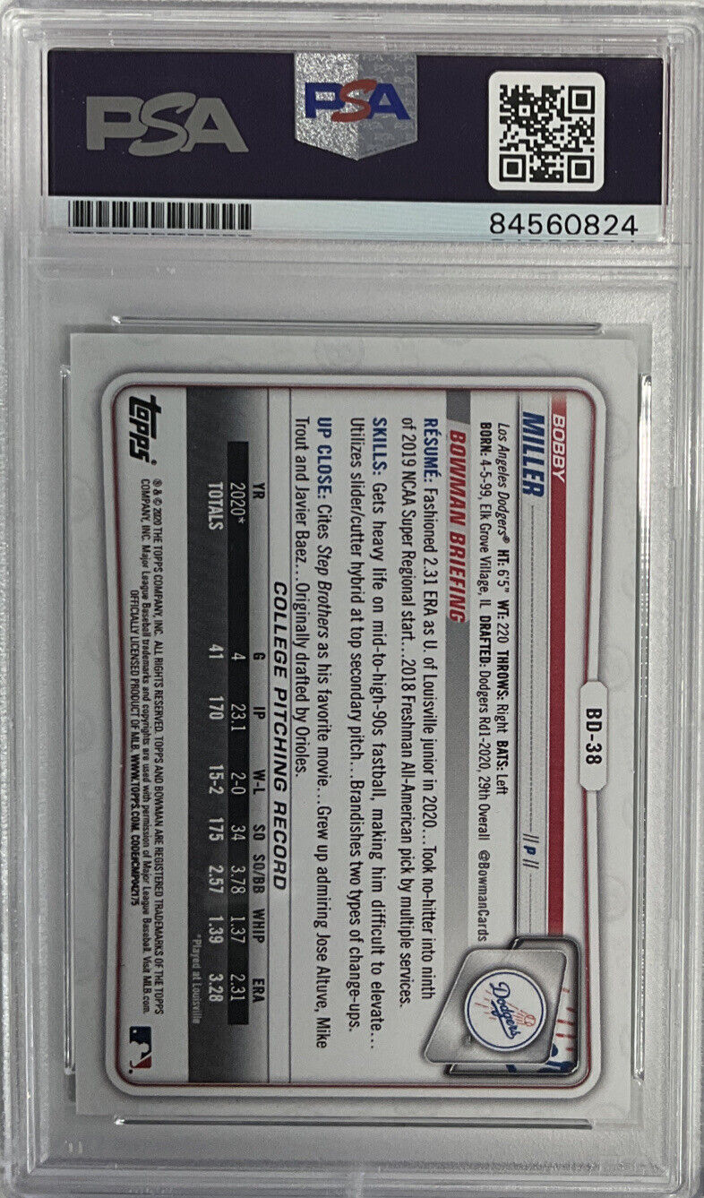 BOBBY MILLER DODGERS SIGNED 1ST BOWMAN GREEN 51/99 PSA 84560824 GEM MT 10 AUTO
