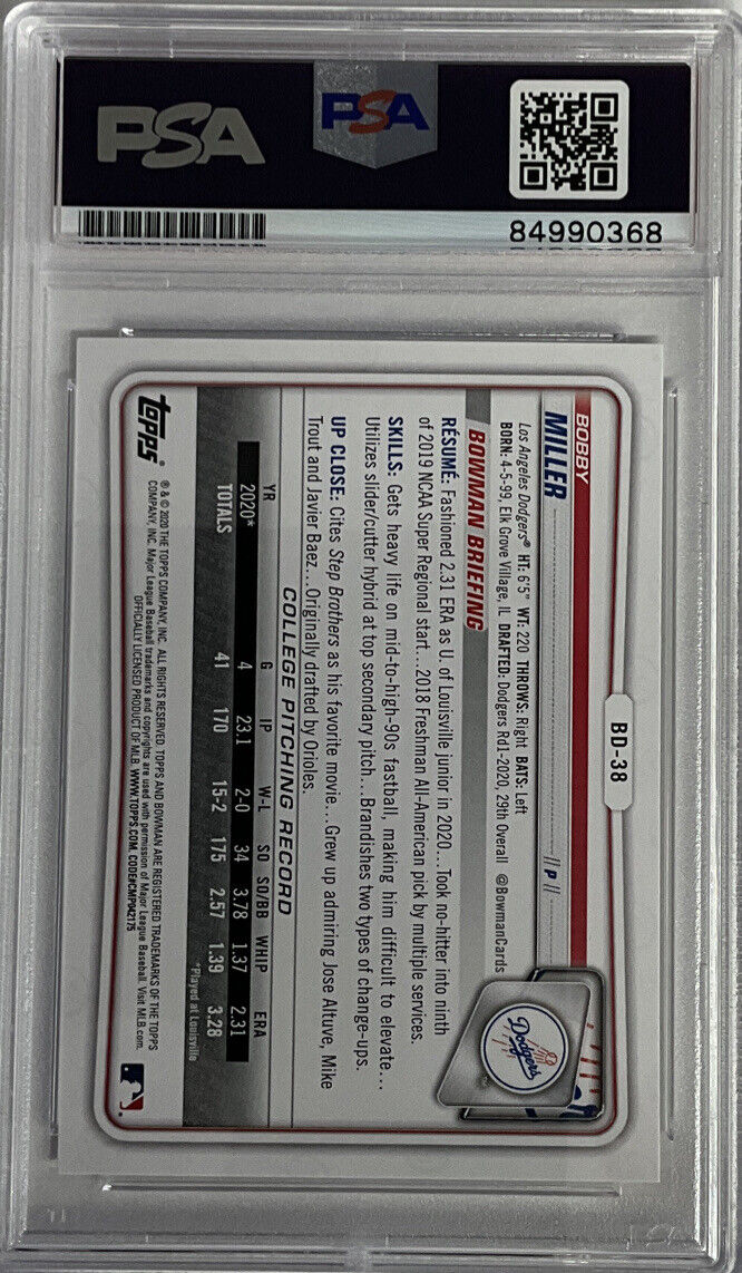 BOBBY MILLER DODGERS SIGNED 1ST BOWMAN PSA SLAB ROOKIEGRAPH ITP 84990368