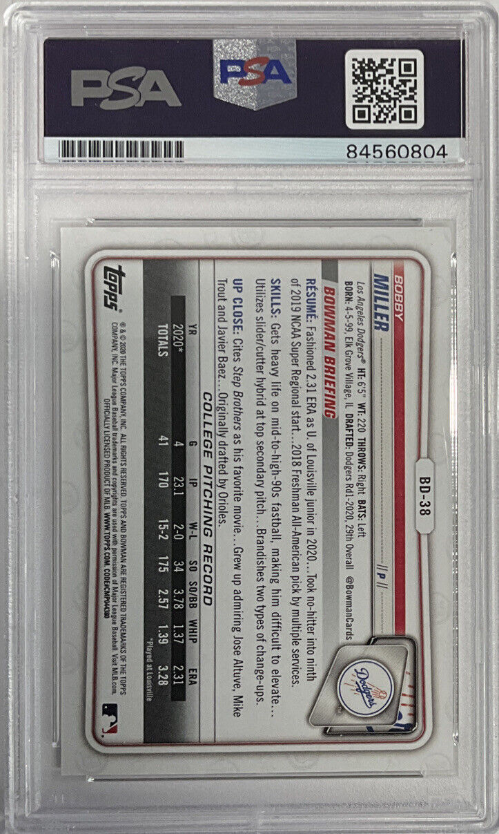 BOBBY MILLER DODGERS SIGNED 1ST BOWMAN YELLOW 13/75 PSA 84560804 GEM MT 10 AUTO
