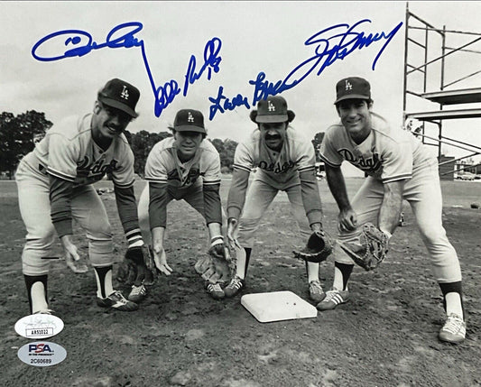 DODGERS 1981 INFIELD SIGNED 8X10 BLK/WHT PHOTO RUSSELL GARVEY CEY LOPES JSA