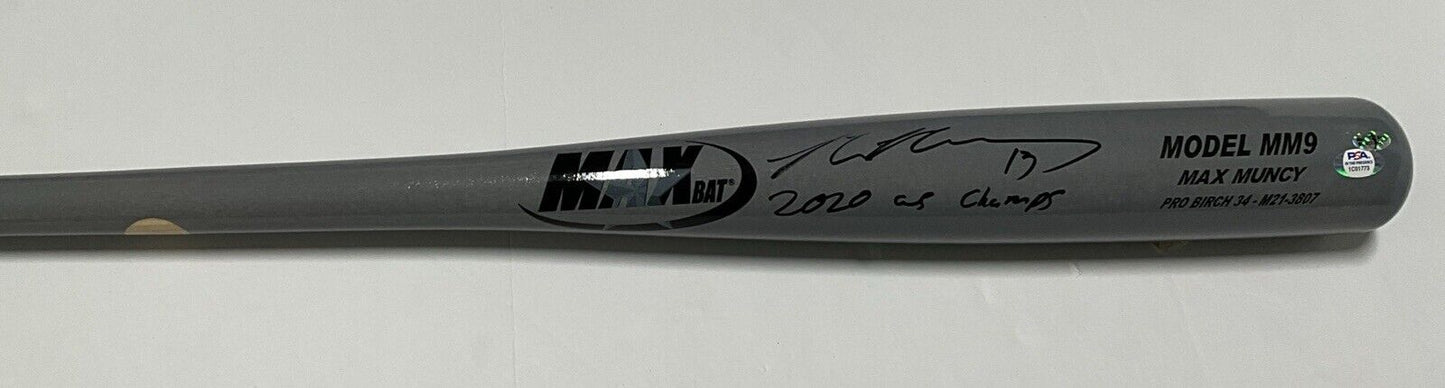 MAX MUNCY DODGERS SIGNED MAXBAT GAME MODEL BAT "2020 WS CHAMPS" INSC PSA 1C01773