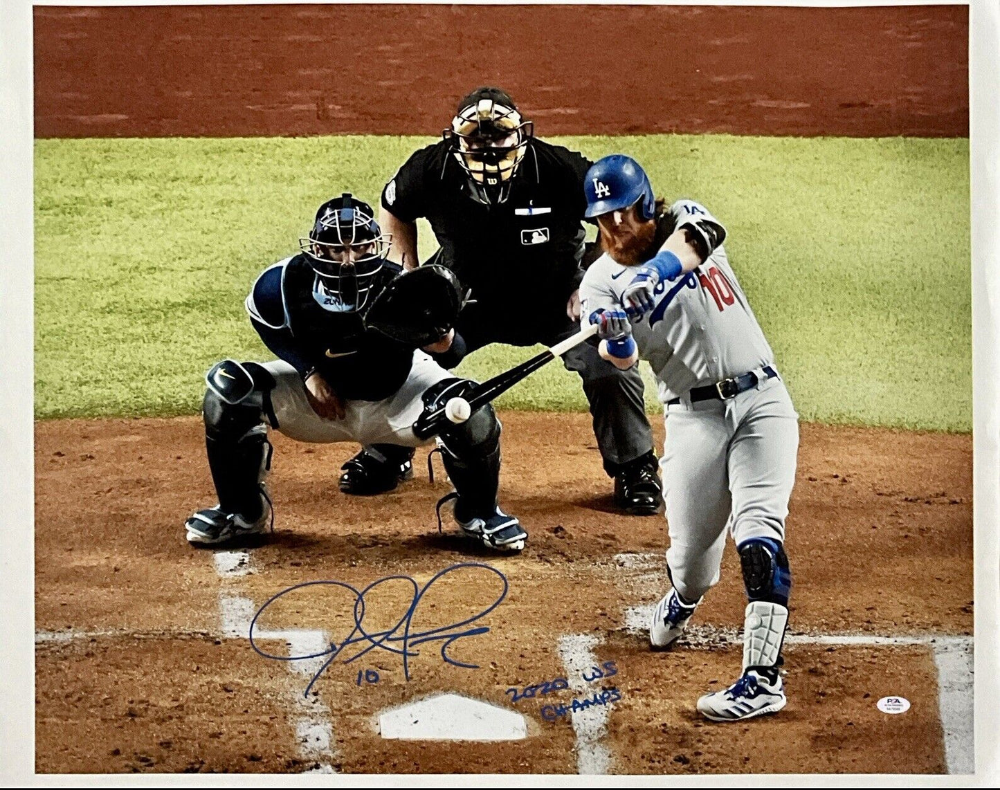 JUSTIN TURNER DODGERS SIGNED 22X28 WS HR CANVAS "2020 WS CHAMPS" PSA 9A70589