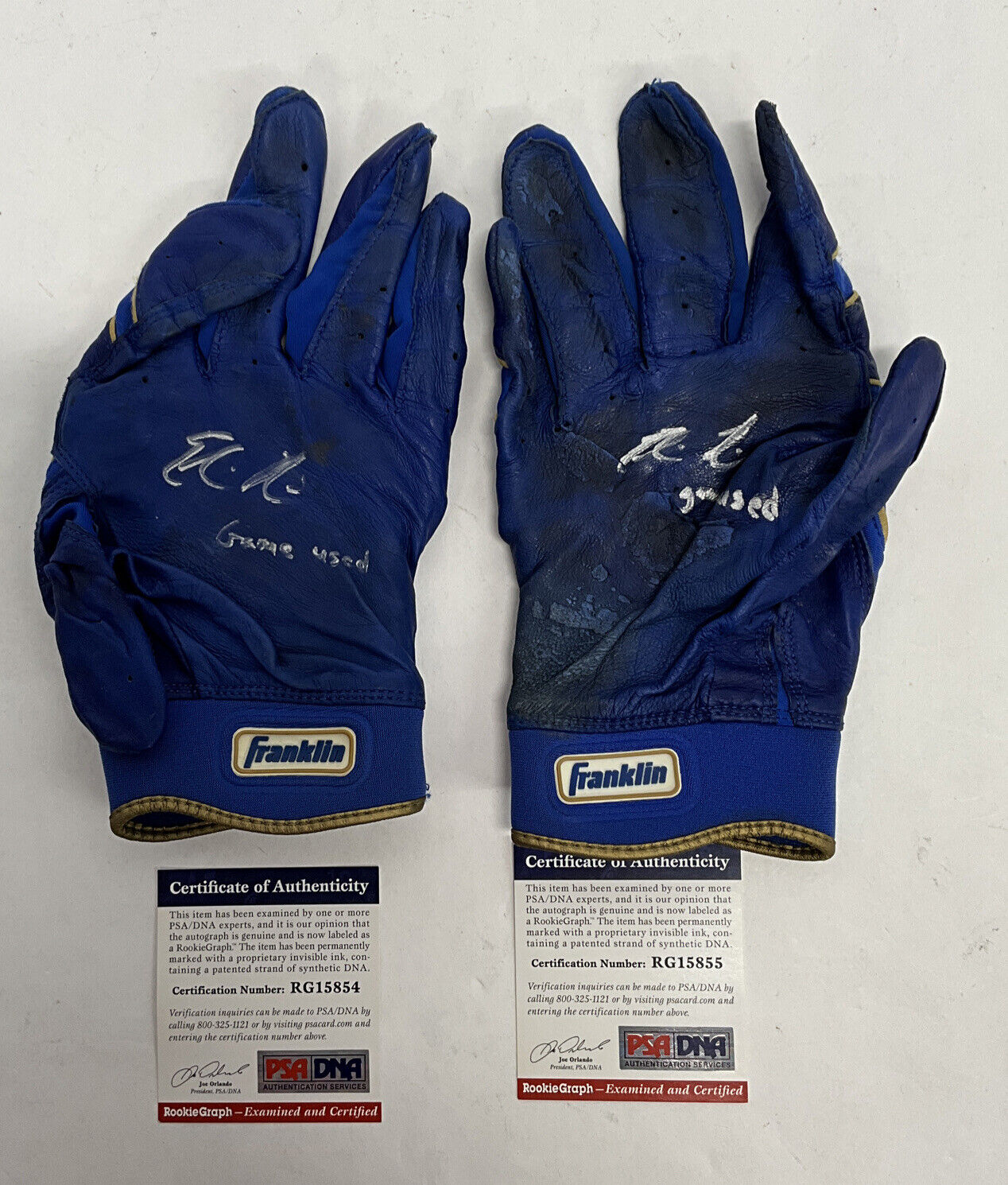 EDWIN RIOS DODGERS 2020 WS CHAMP SIGNED GAME USED BATTING GLOVES PSA RG15854/55