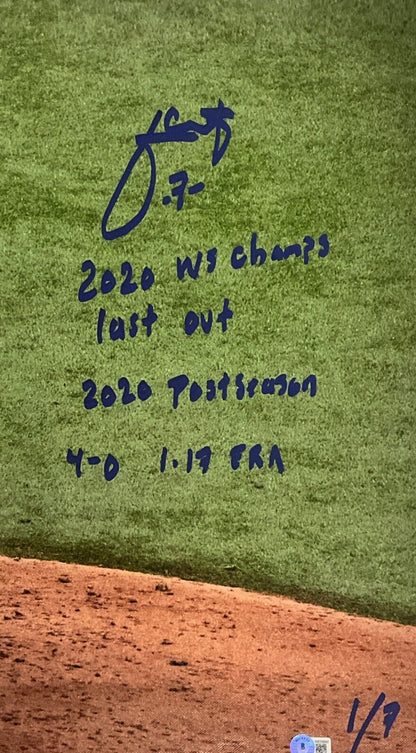 1/7 JULIO URIAS DODGERS SIGNED 22X32 CANVAS "2020 WS CHAMPS, LAST OUT" INS BAS