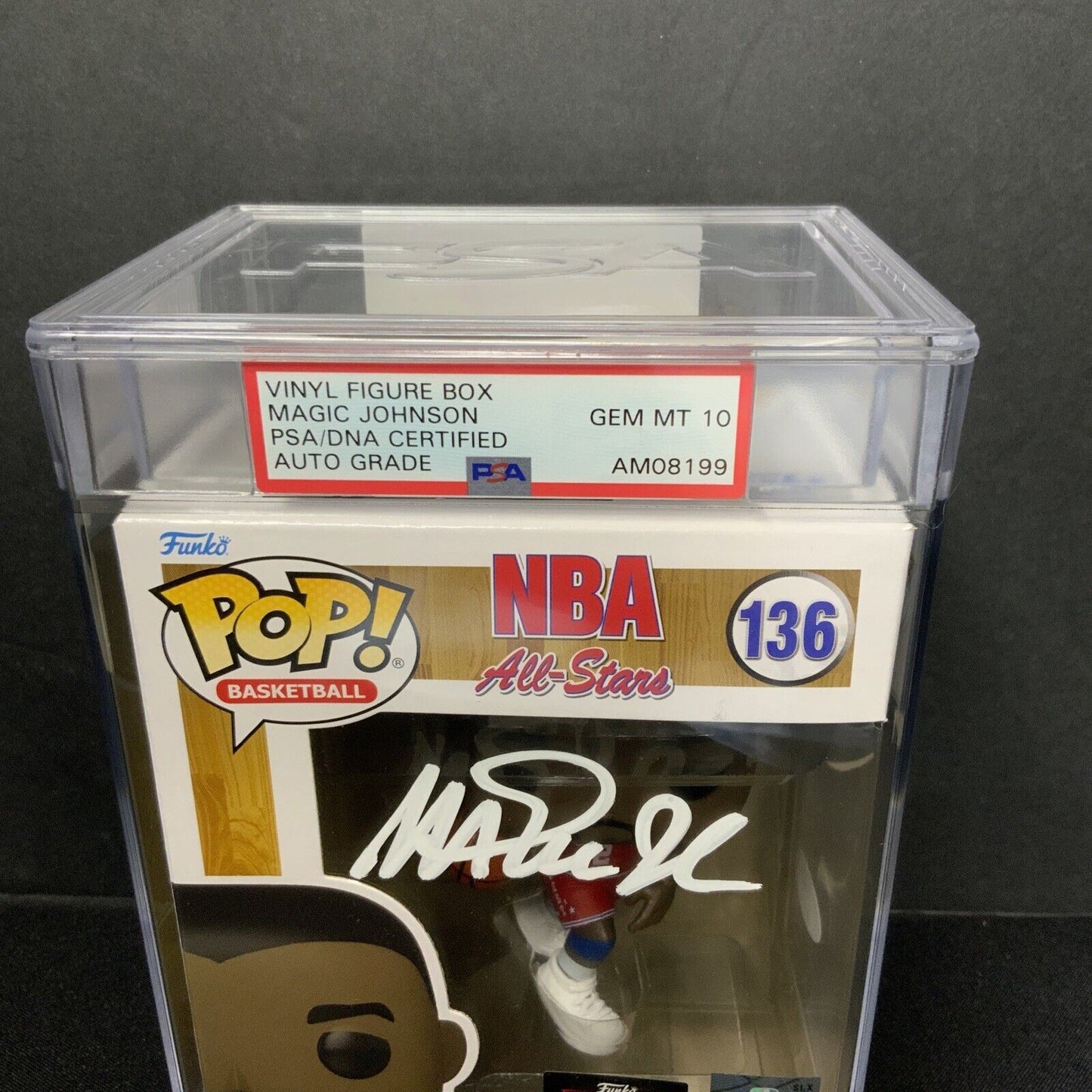 MAGIC JOHNSON SIGNED ALL STAR #136 FUNKO POP PSA AM08199 SLABBED GEM MT 10 AUTO