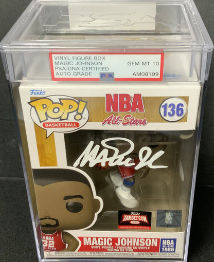 MAGIC JOHNSON SIGNED ALL STAR #136 FUNKO POP PSA AM08199 SLABBED GEM MT 10 AUTO