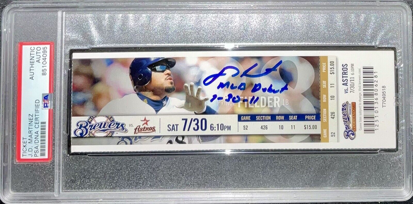 JD MARTINEZ SIGNED MLB DEBUT FULL TICKET "MLB DEBUT 7-30-11" INSC PSA 85104095