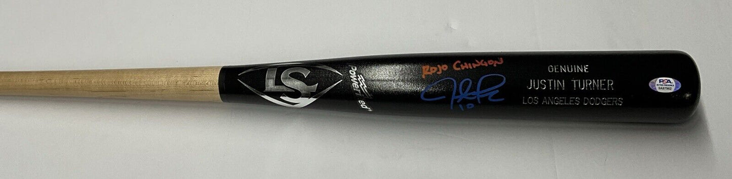 JUSTIN TURNER DODGERS SIGNED LOUISVILLE SLUGGER BAT "ROJO CHINGON" PSA 9A87962