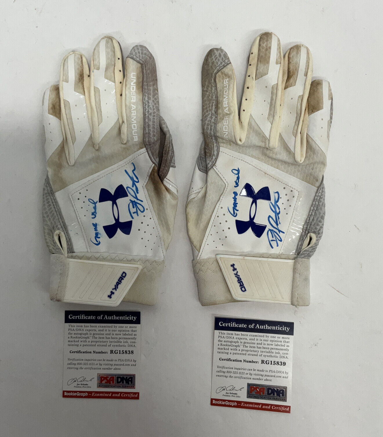 DJ PETERS DODGERS TIGERS SIGNED GAME USED BATTING GLOVES PSA RG15838/39