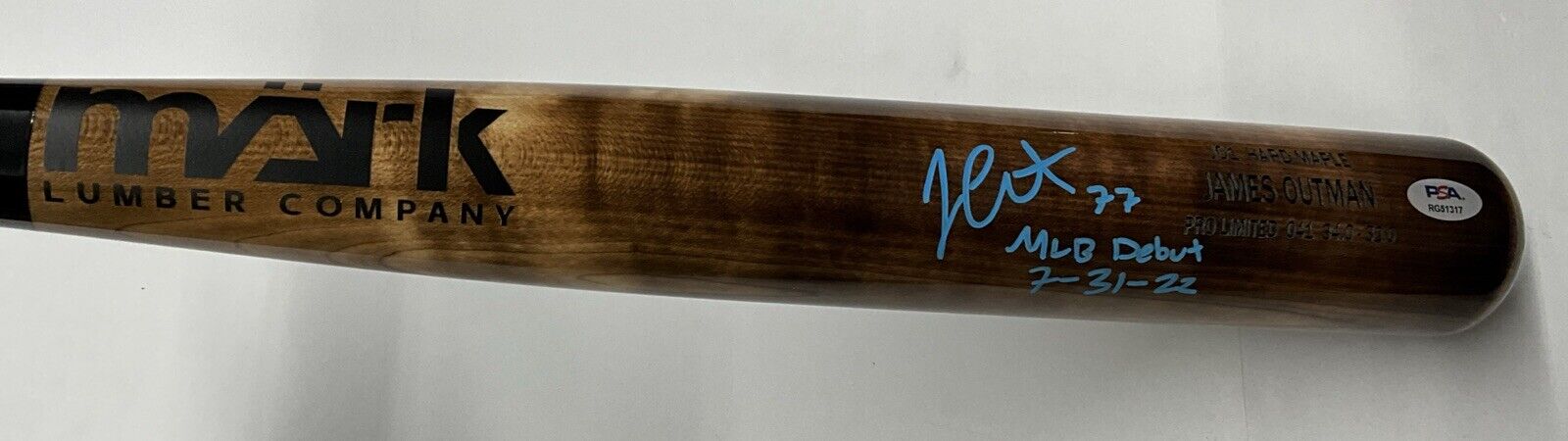 JAMES OUTMAN DODGERS SIGNED MARK LUMBER MODEL BAT "MLB DEBUT 7-31-22 PSA RG51317