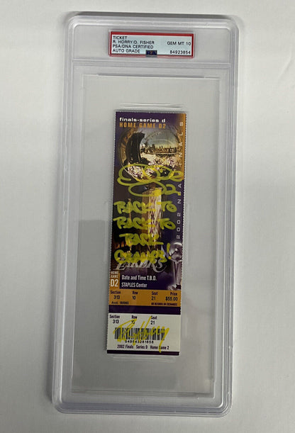 DEREK FISHER & HORRY SIGNED 02 NBA FINALS TICKET STUB PSA 84923854 GM MT 10 AUTO