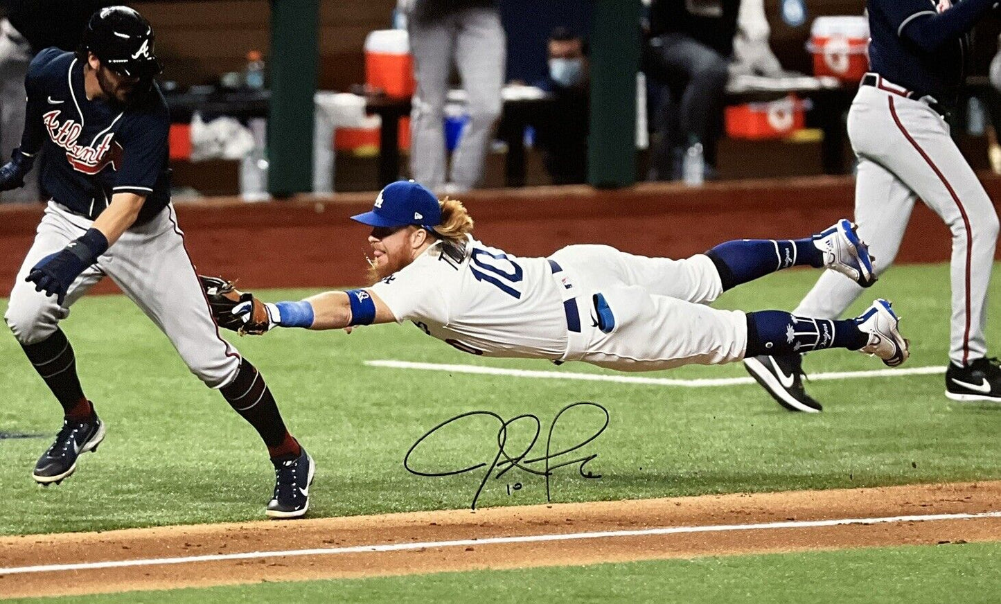 JUSTIN TURNER DODGERS SIGNED 22X33 2020 NLCS DIVING TAG CANVAS PSA 9A99841