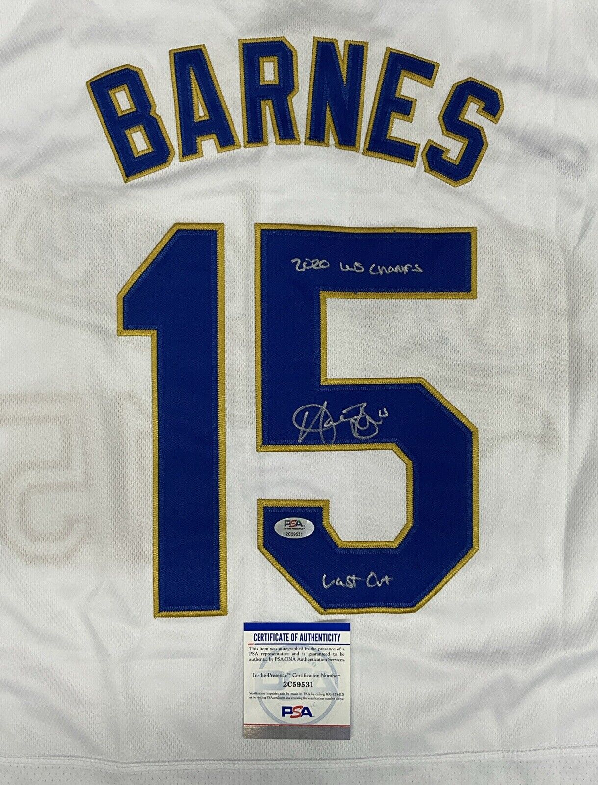 AUSTIN BARNES SIGNED 2020 CHAMPIONS JERSEY "2020 WS CHAMPS LAST OUT" PSA 2C59531