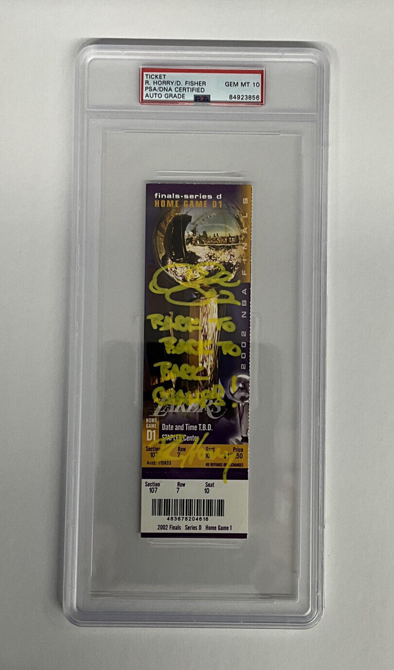 DEREK FISHER & HORRY SIGNED 02 NBA FINALS TICKET STUB PSA 84923856 GM MT 10 AUTO