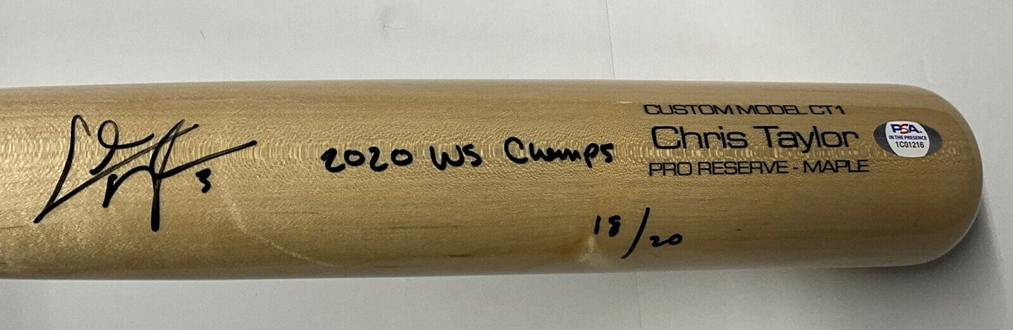 18/20 CHRIS TAYLOR DODGERS SIGNED VICTUS GAME MODEL BAT "2020 WS CHAMPS" INS PSA