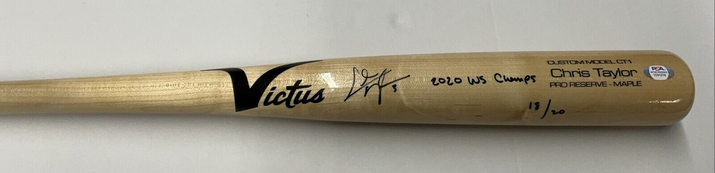 18/20 CHRIS TAYLOR DODGERS SIGNED VICTUS GAME MODEL BAT "2020 WS CHAMPS" INS PSA