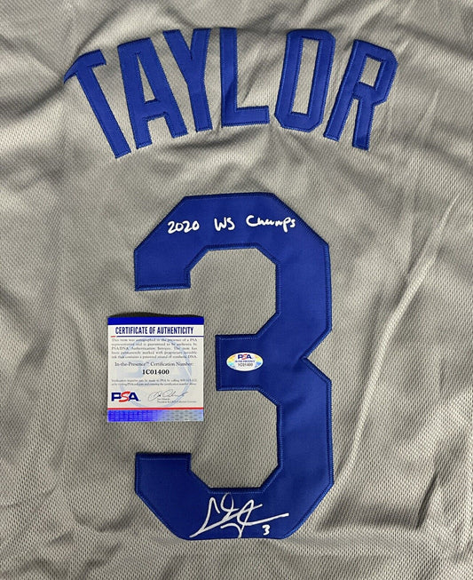 CHRIS TAYLOR DODGERS SIGNED 2020 WORLD SERIES JERSEY "2020 WS CHAMP" PSA 1C01400