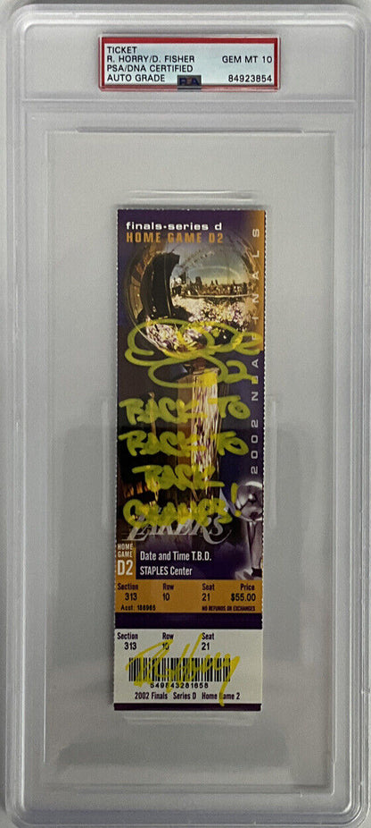 DEREK FISHER & HORRY SIGNED 02 NBA FINALS TICKET STUB PSA 84923854 GM MT 10 AUTO