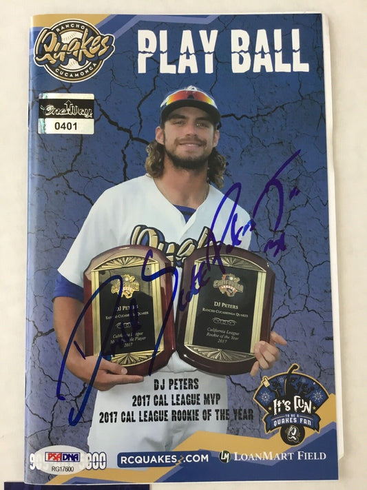 DJ PETERS DODGERS PROSPECT RARE FULL NAME SIGNED QUAKES PLAY BILL MAGAZINE PSA