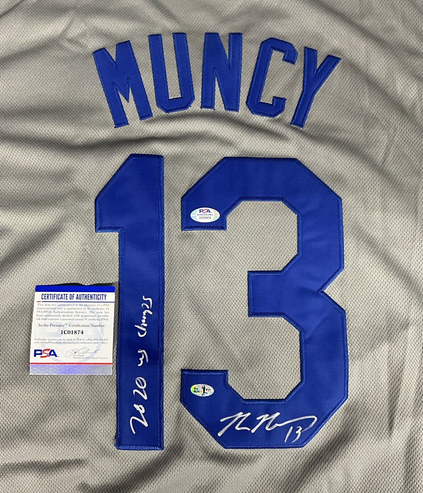 MAX MUNCY DODGERS SIGNED 2020 WORLD SERIES JERSEY "2020 WS CHAMPS" PSA 1C01874