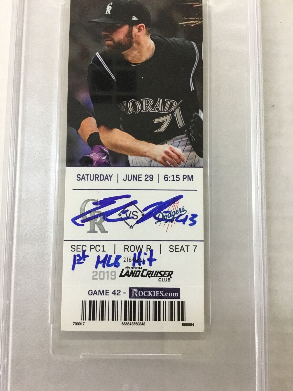 DODGERS EDWIN RIOS SIGNED 1ST MLB HIT 6-29-19 TICKET STUB PSA/DNA SLABBED 180255