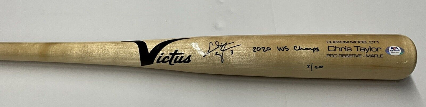 2/20 CHRIS TAYLOR DODGERS SIGNED VICTUS GAME MODEL BAT "2020 WS CHAMPS" INS PSA