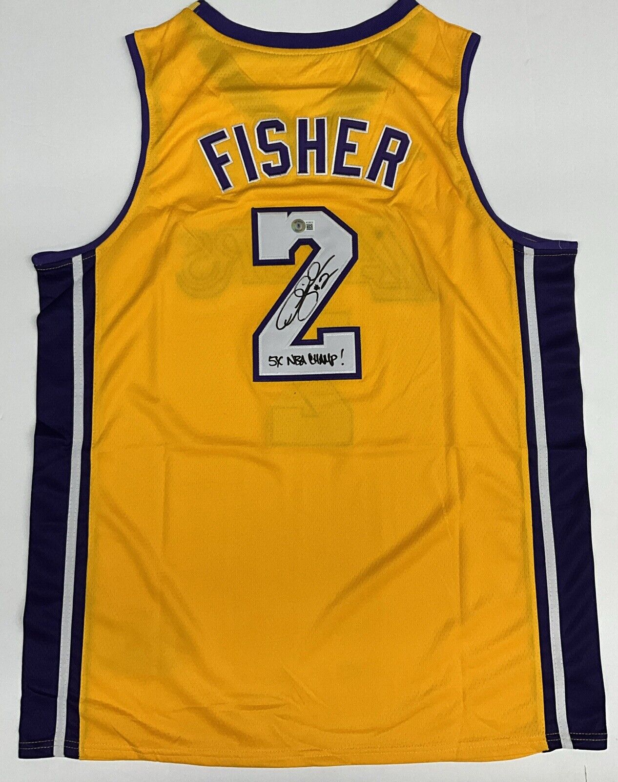 DEREK FISHER SIGNED LAKERS JERSEY "5X NBA CHAMP" INSCRIPTION BECKETT W128212