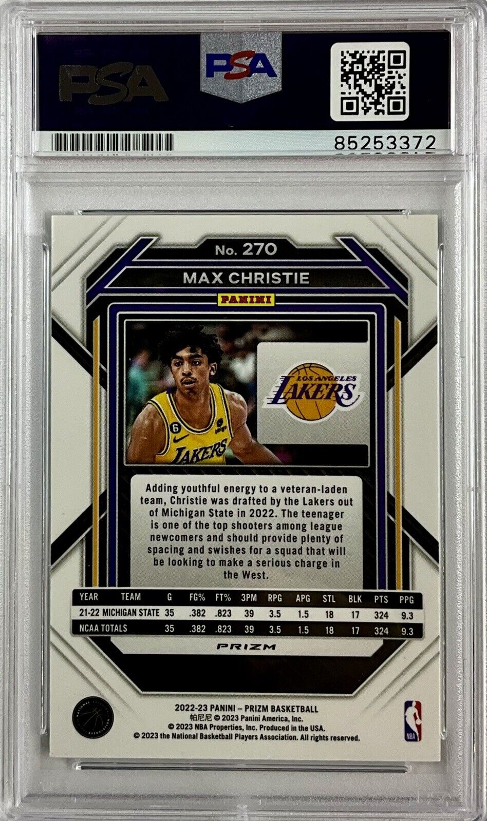 MAX CHRISTIE SIGNED LAKERS GREEN PANINI PRIZM 270 ROOKIE RC PSA ITP 85253372