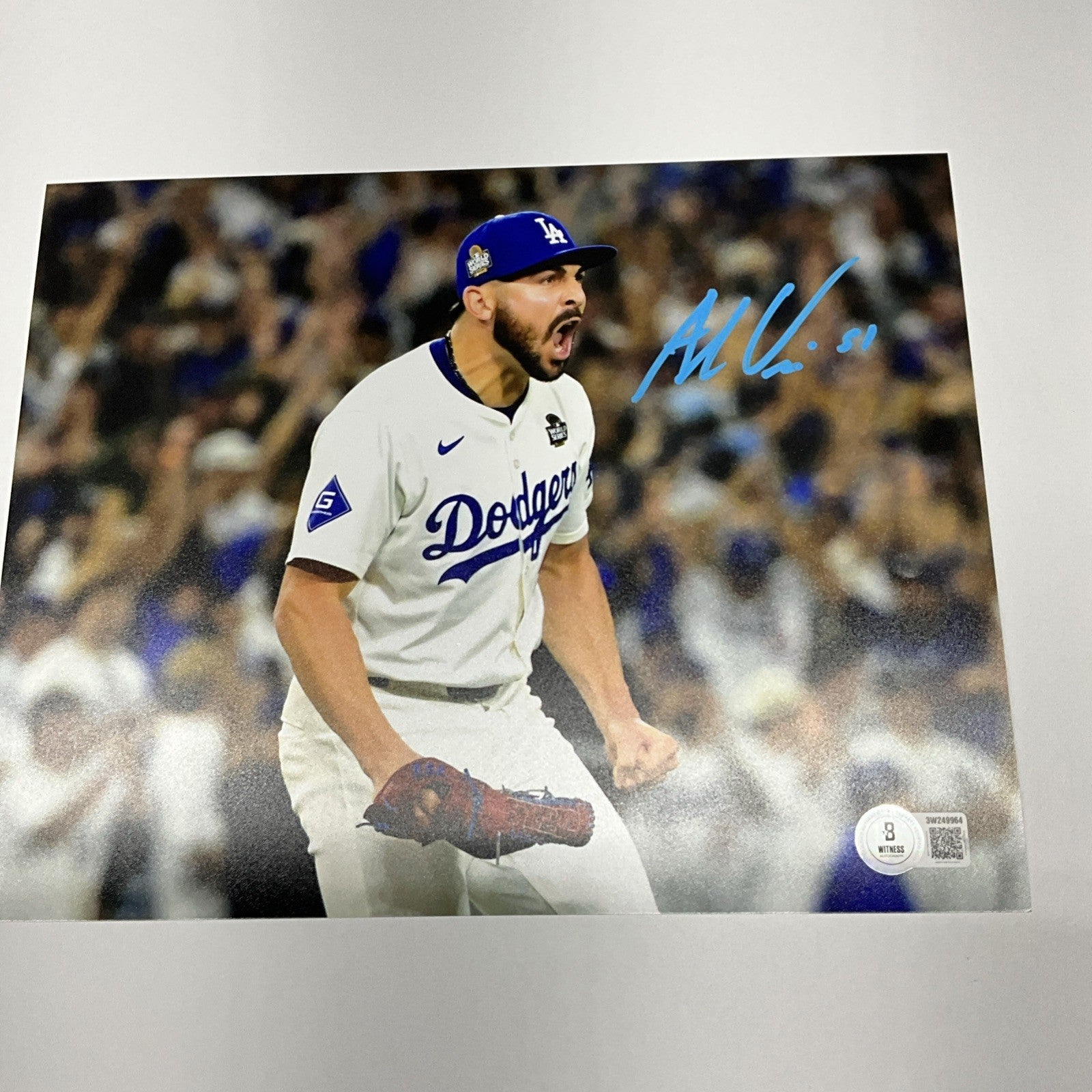 ALEX VESIA DODGERS 2024 WS CHAMPION SIGNED 8X10 WORLD SERIES  SHOUTING PHOTO BAS