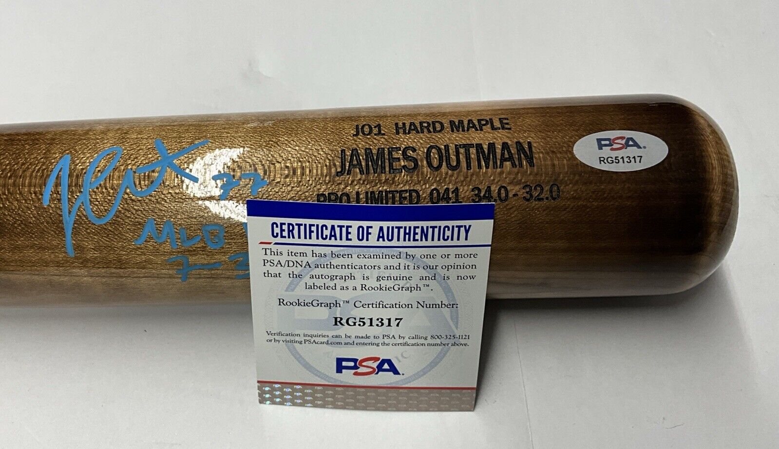 JAMES OUTMAN DODGERS SIGNED MARK LUMBER MODEL BAT "MLB DEBUT 7-31-22 PSA RG51317