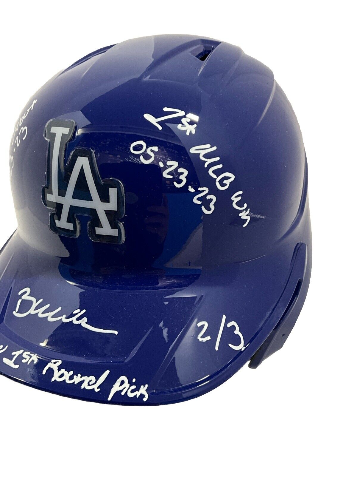 2/3 BOBBY MILLER SIGNED DODGERS FULL HELMET "MLB DEBUT, 1ST WIN, 1ST PICK" PSA