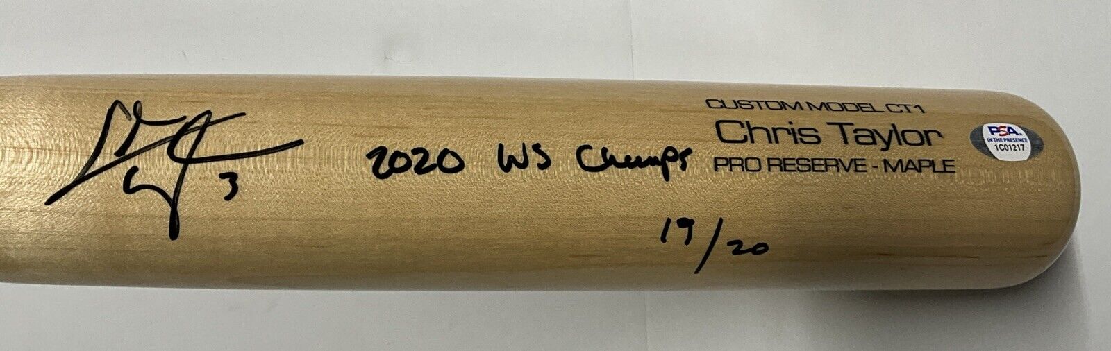 19/20 CHRIS TAYLOR DODGERS SIGNED VICTUS GAME MODEL BAT "2020 WS CHAMPS" INS PSA