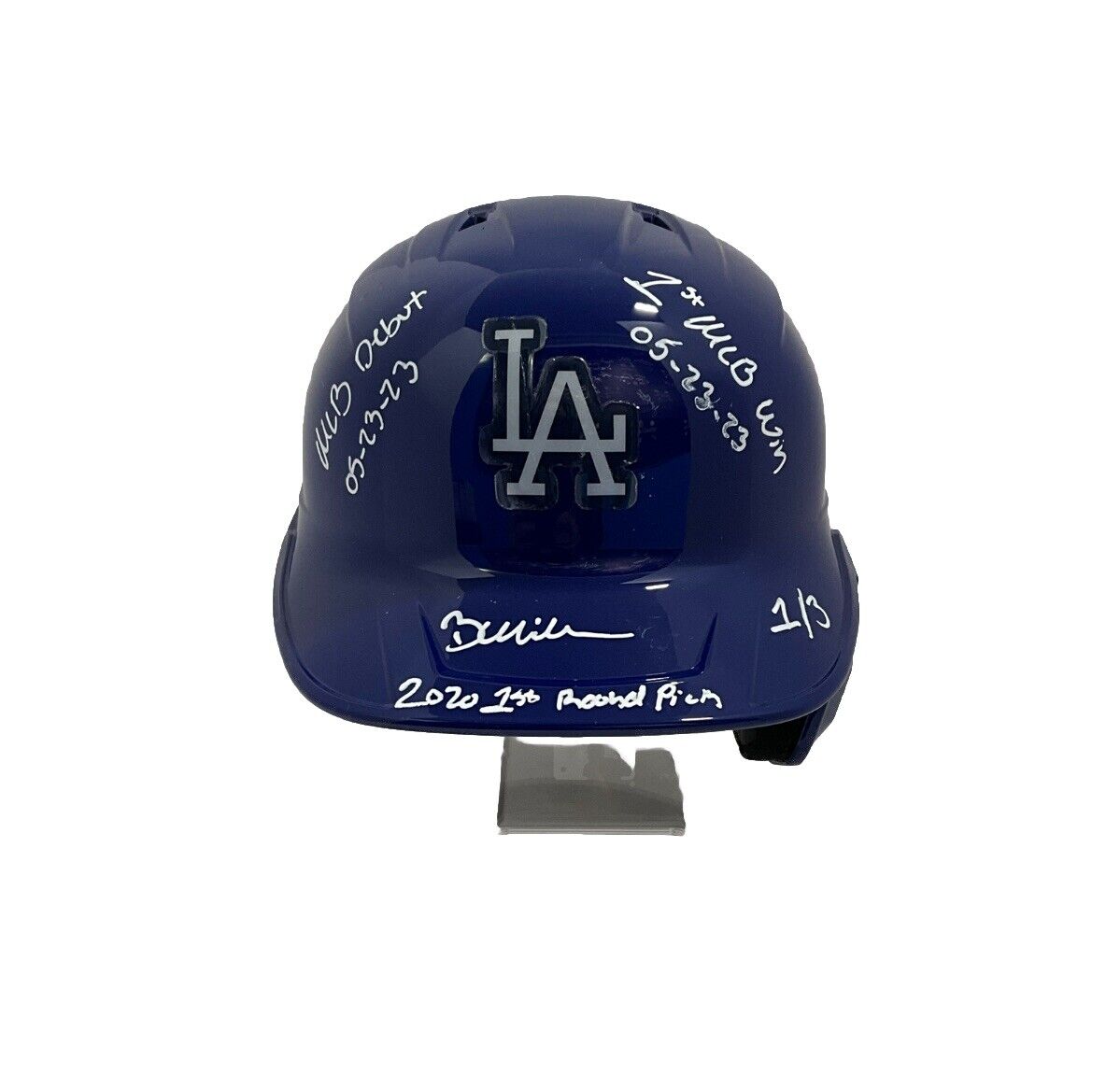 1/3 BOBBY MILLER SIGNED DODGERS FULL HELMET "MLB DEBUT, 1ST WIN, 1ST PICK" PSA