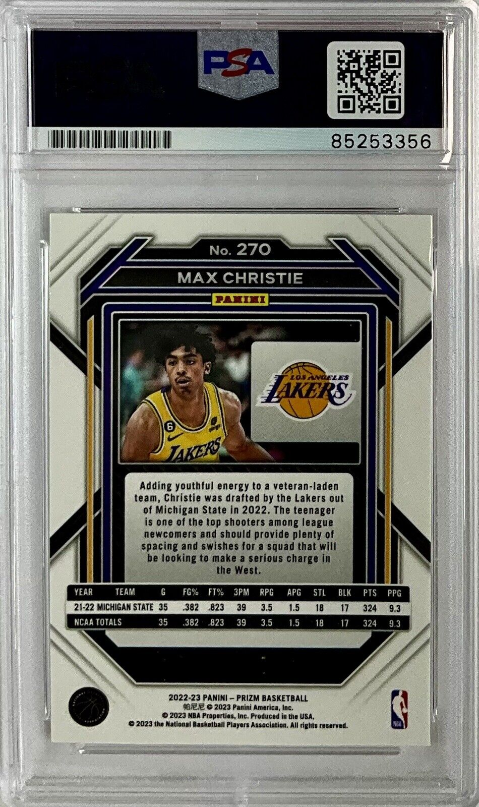 MAX CHRISTIE SIGNED LAKERS PANINI PRIZM #270 ROOKIE RC PSA SLABBED ITP 85253356