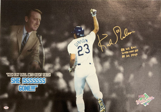 KIRK GIBSON DODGERS SIGNED 22X32 CANVAS "88 WS GM 1 WALK OFF HR MVP" PSA AI33543