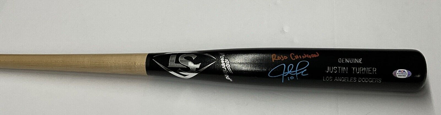 JUSTIN TURNER DODGERS SIGNED LOUISVILLE SLUGGER BAT "ROJO CHINGON" PSA 9A87958