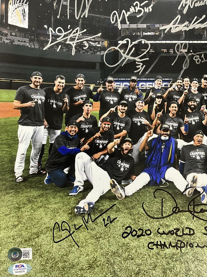 DODGERS 2020 WORLD SERIES FULL TEAM SIGNED 20X24 PHOTO 30 AUTOS PSA 9A48076