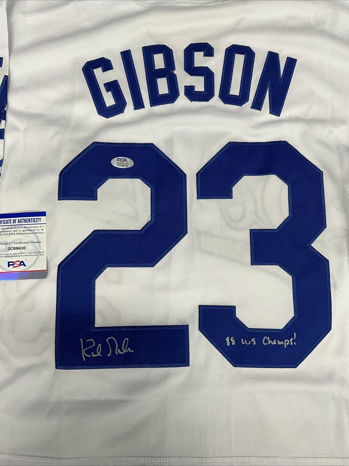 KIRK GIBSON SIGNED DODGERS 88 WORLD SERIES JERSEY "88 WS CHAMPS! INS PSA 2C69610