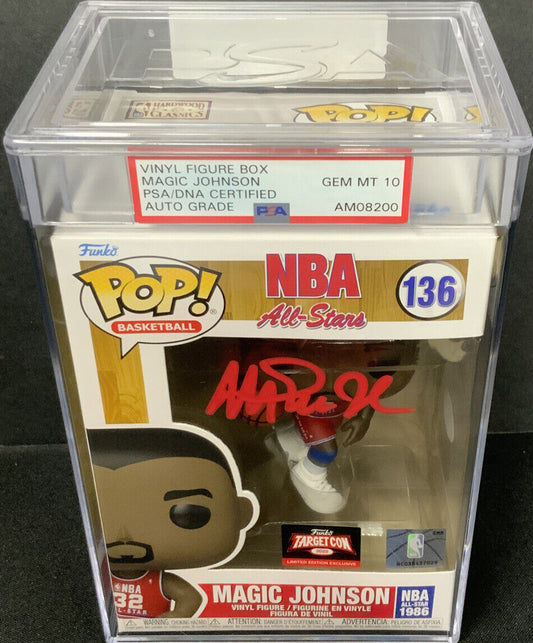 MAGIC JOHNSON SIGNED ALL STAR #136 FUNKO POP PSA AM08200 SLABBED GEM MT 10 AUTO